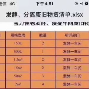 50立方發(fā)酵罐4台,15立方發(fā)酵罐2台,1.5立方發(fā)酵罐2台,資料齊全,安裝未用,需要的聯系